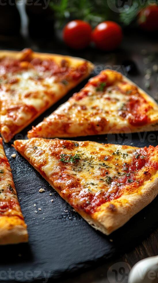 Freshly baked pizza slices with melted cheese and toppings on a black stone plate in a rustic setting photo