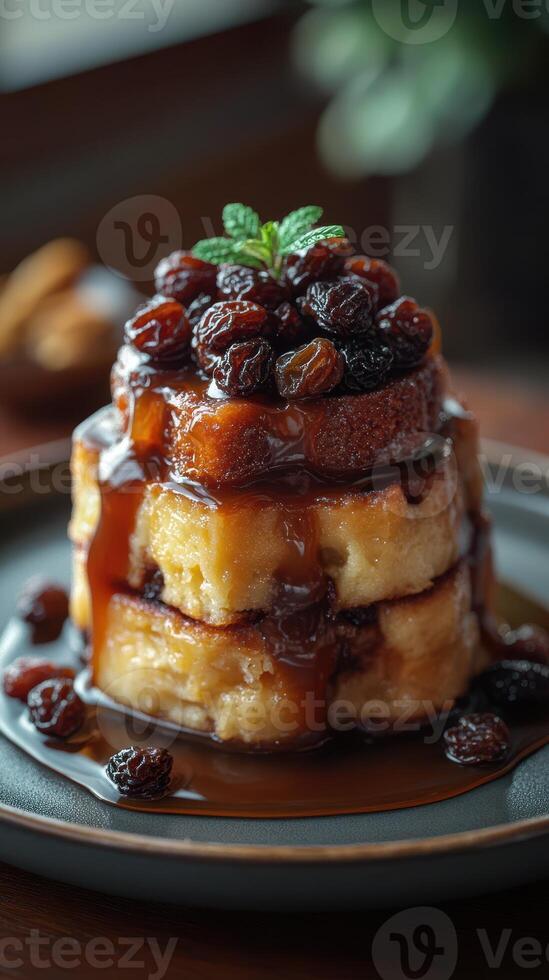 Deliciously stacked dessert with rich caramel sauce and raisins garnished with fresh mint on a rustic wooden table photo