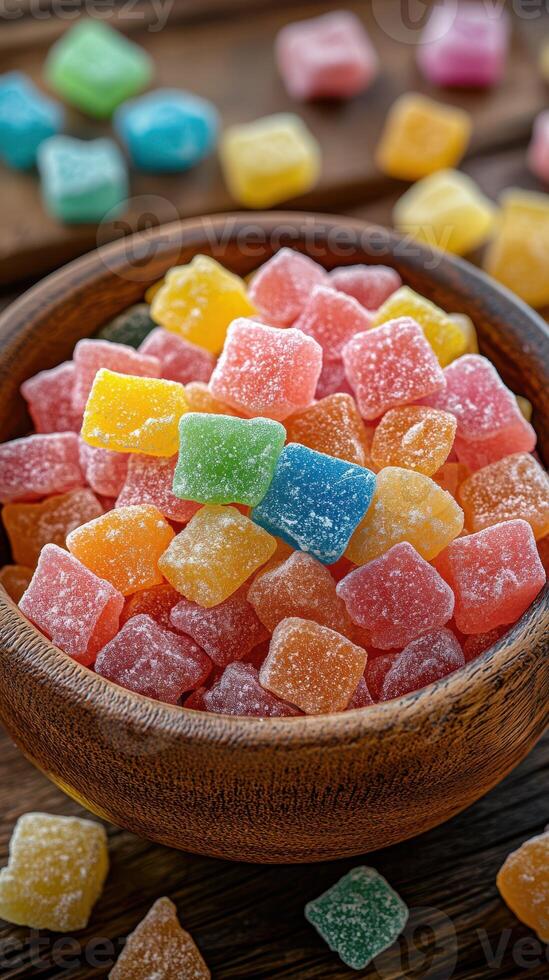 Colorful gummy candies in a wooden bowl on a rustic table surrounded by scattered sweets photo