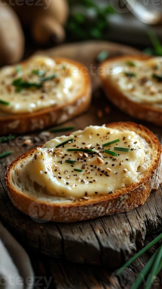 Freshly prepared bread slices topped with creamy spread and herbs on rustic wooden table photo