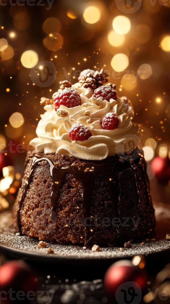 Exquisite chocolate cake decorated with cream and raspberries during a festive celebration with sparkling lights photo