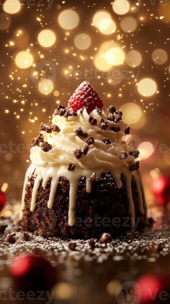 Delicious dessert topped with raspberry and chocolate chips in a festive setting with warm lights photo