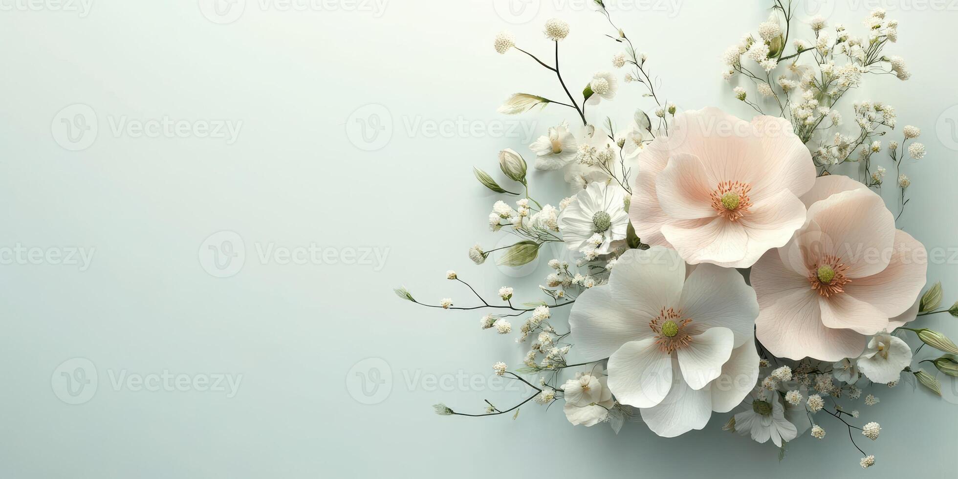 Delicate rose and white flowers arranged aesthetically on a soft background for a serene display photo