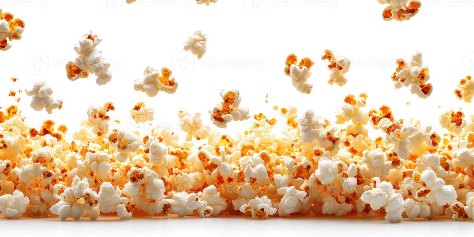 Popcorn kernels burst into the air creating a playful and energetic display against a bright background photo