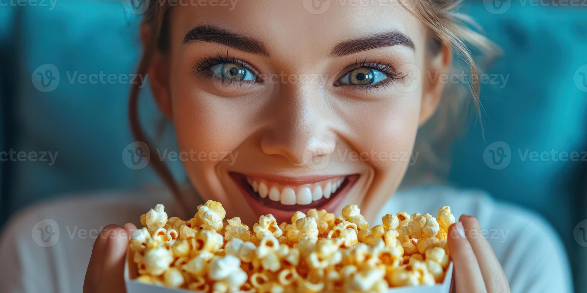 Young woman smiles broadly while holding a large bowl of popcorn indoors during a cozy movie night at home photo