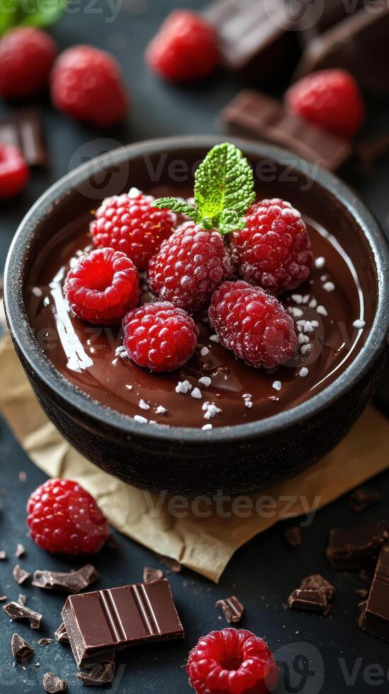 Decadent chocolate mousse topped with fresh raspberries and a sprinkle of sea salt displayed on a dark countertop photo