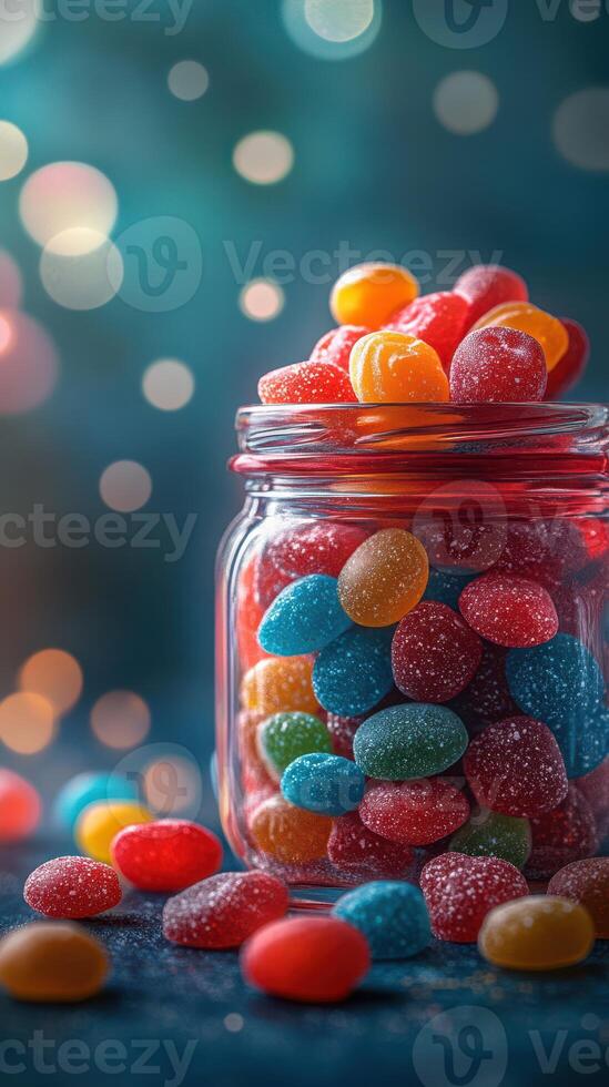 Colorful assortment of jelly candies in a jar with vibrant bokeh background photo