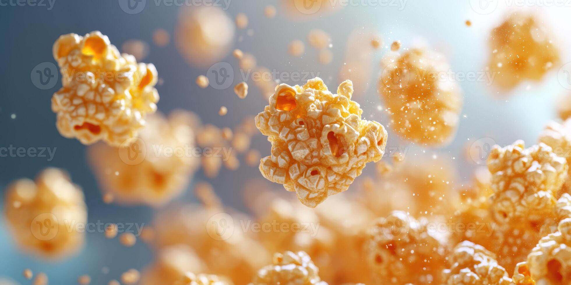 Floating popcorn kernels illuminated by soft light create a whimsical atmosphere in a cinematic environment during a movie night photo