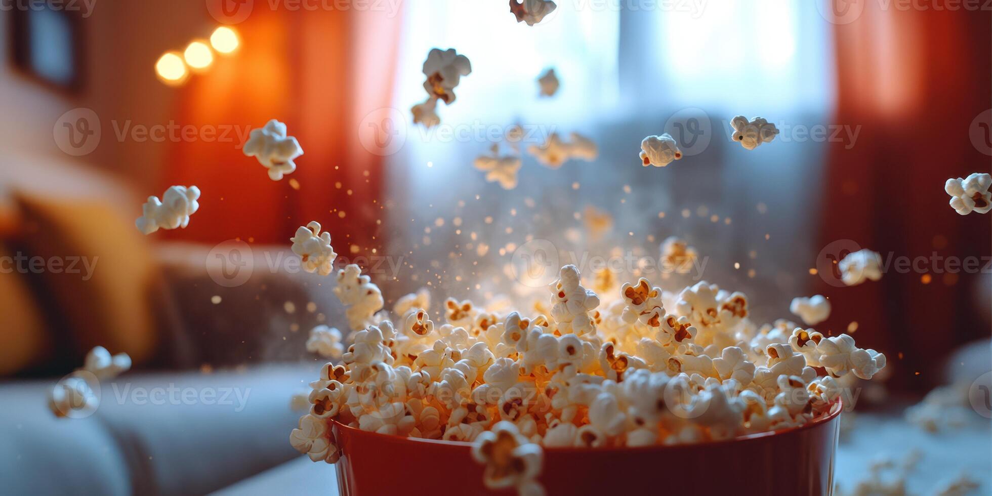 Popcorn jumps out of a bowl creating a fun and lively atmosphere in a cozy living room during a movie night photo