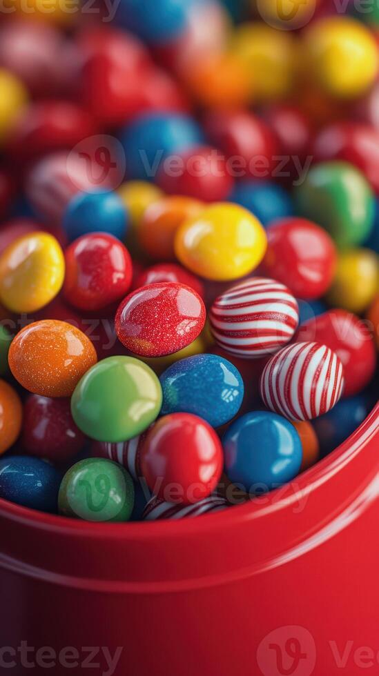 Colorful candies in a red container create a festive atmosphere during a celebration or party photo