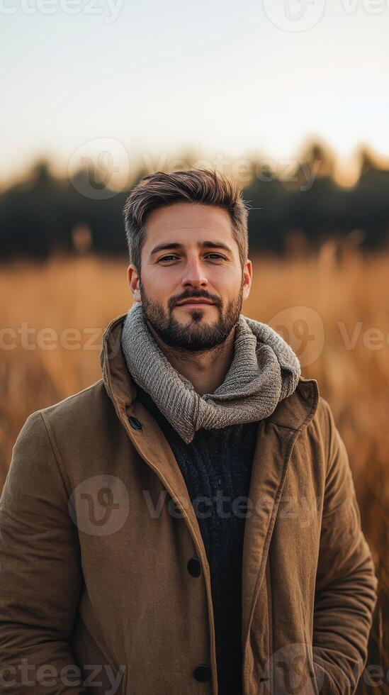 Handsome man standing in a golden field during sunset, wearing a warm coat and scarf, expressing confidence and calmness photo