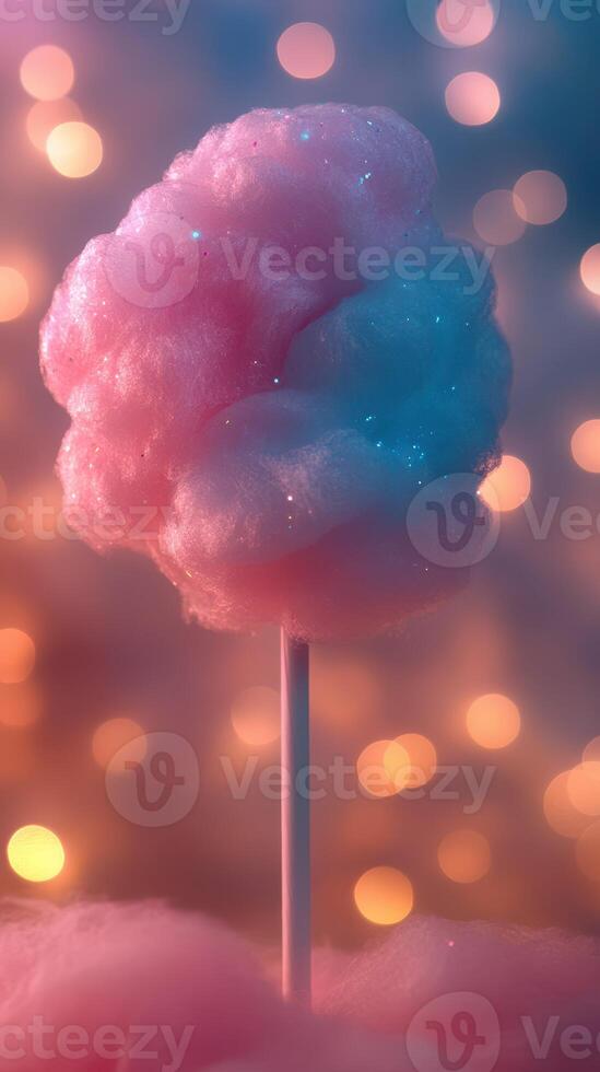Brightly colored fluffy cotton candy stands against a dreamy bokeh background in a carnival setting during evening hours photo