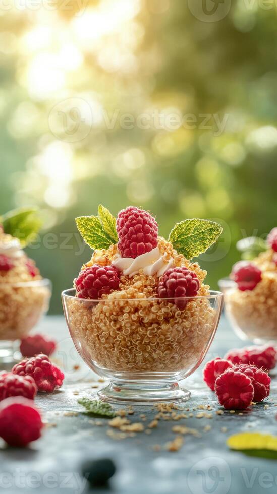 Delicious raspberry dessert served in a clear bowl with fresh mint and toasted quinoa in a sunny outdoor setting photo