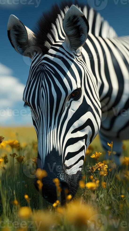 Close-up view of a zebra grazing among vibrant yellow flowers in an open field on a sunny day photo