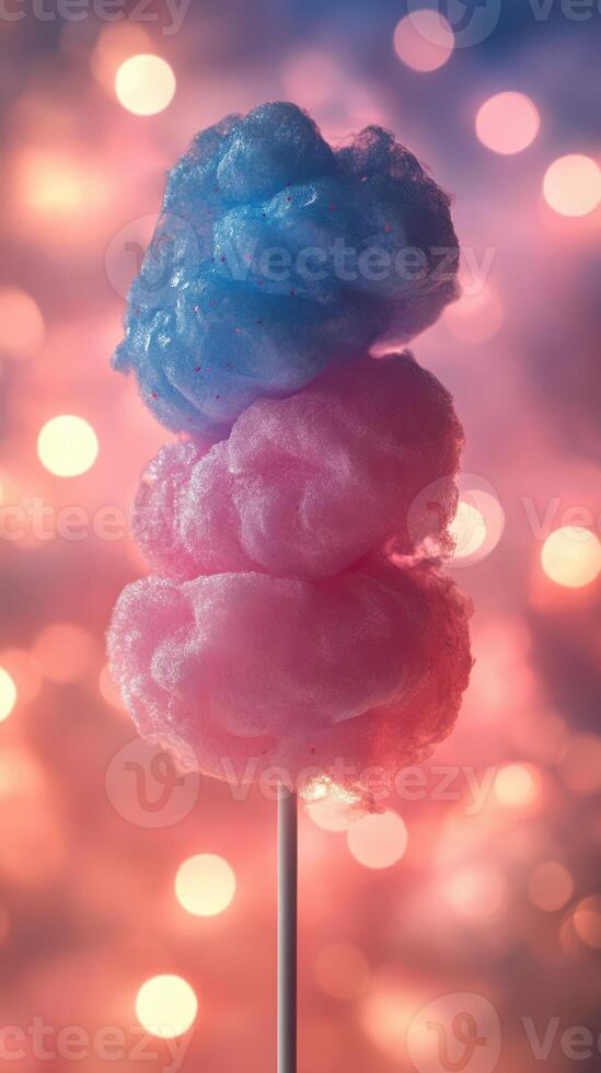 Colorful cotton candy stands tall against a dreamy bokeh background at a festive event photo