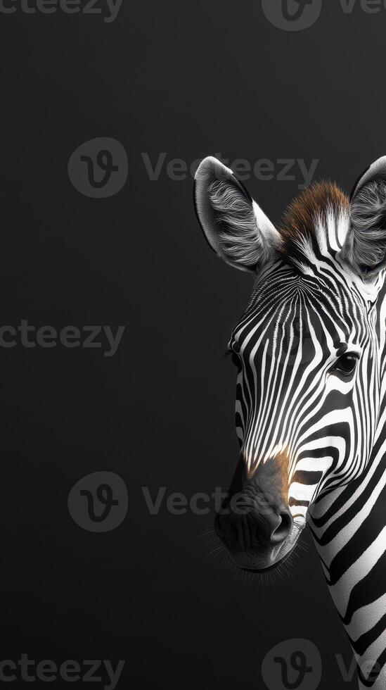 Striking close-up of a zebra's face showcasing distinctive black and white stripes against a dark background photo