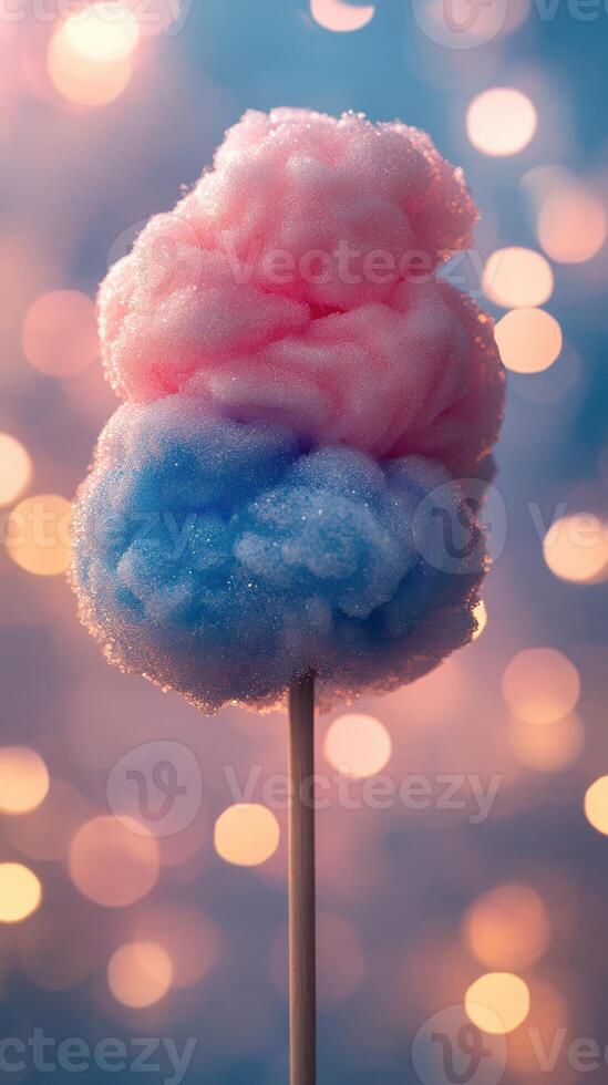Colorful cotton candy treat on a stick with sparkling lights in the background at a fairground during an evening festival photo