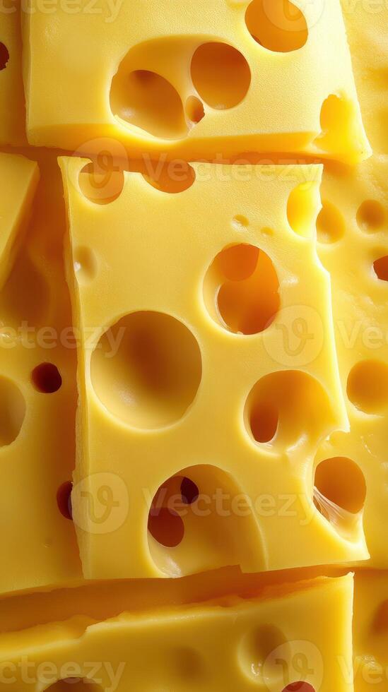 Close up of bright yellow cheese slices featuring distinct holes, ideal for culinary presentations and cheese platters photo