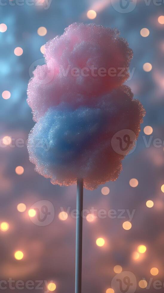 Colorful cotton candy on a stick with blurred fairy lights in the background during a festive celebration photo