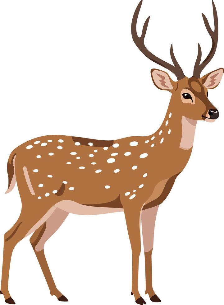 A detailed illustration of a majestic spotted deer standing gracefully in a flat art style with natural tones and a serene atmosphere art vector