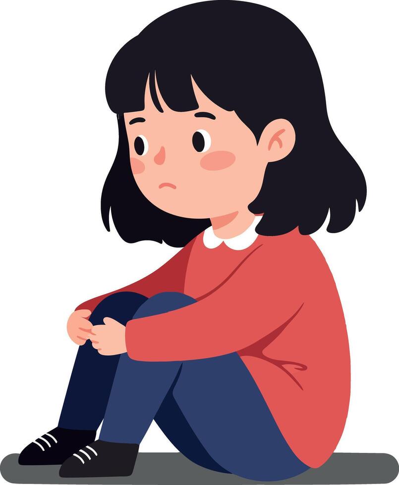 A young girl sitting alone on the floor with a pensive expression, dressed in a red sweater and blue jeans, flat illustration vector