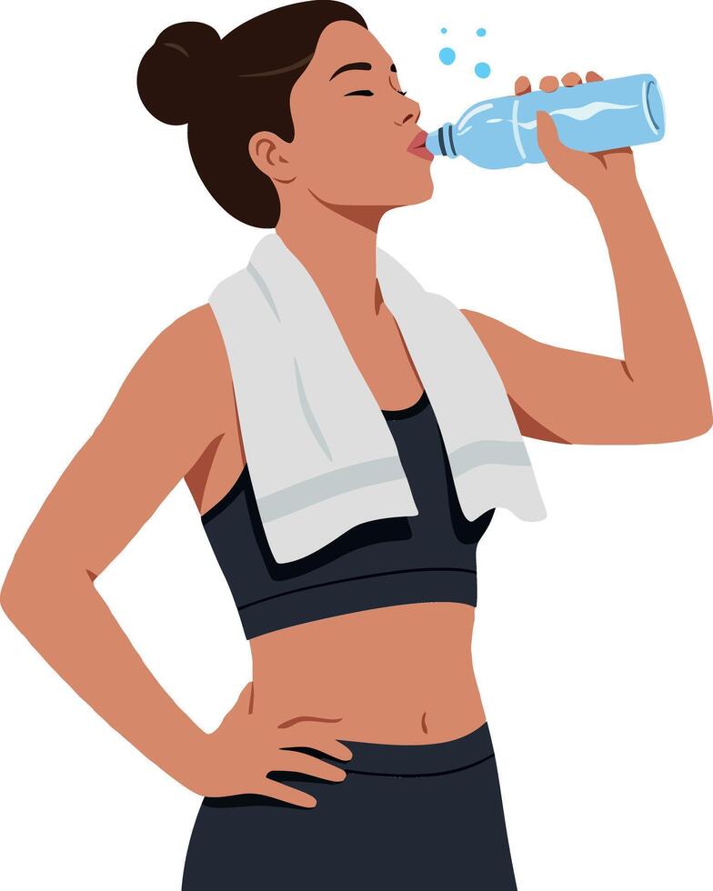 Athletic woman in sportswear taking a refreshing drink from a water bottle in a flat illustration of fitness and hydration vector