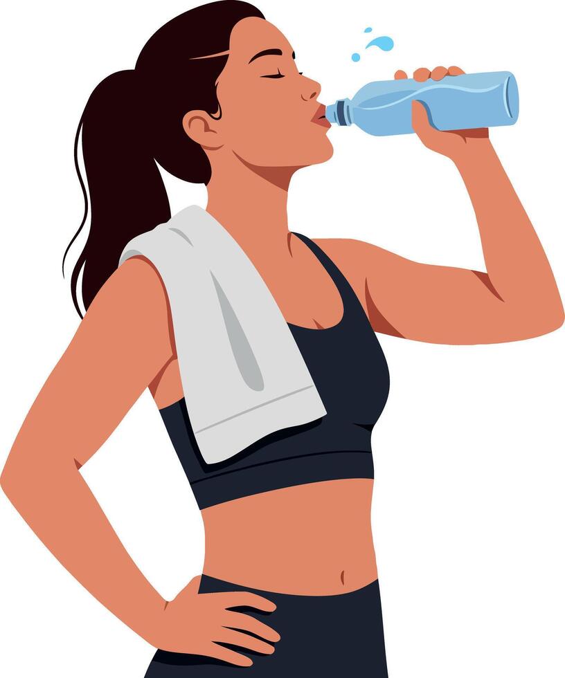 Active woman in sports attire drinking water while taking a break, flat illustration showcasing fitness and hydration in a healthy lifestyle vector
