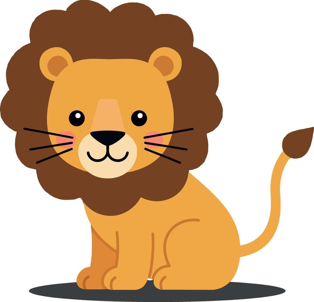 Cute cartoon lion with a friendly expression, minimal design style, sitting calmly with a fluffy mane, showcasing warmth and playfulness, art vector