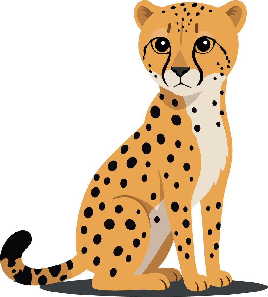 A detailed and vibrant cheetah sitting gracefully with distinct spots in a flat art style, showcasing its serene expression and sleek body posture in a playful atmosphere vector