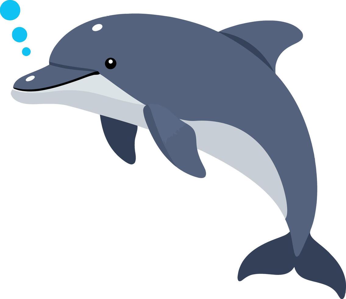 Playful dolphin swimming joyfully in clear blue water, showcasing a flat design style with bubbles floating around, illustration vector