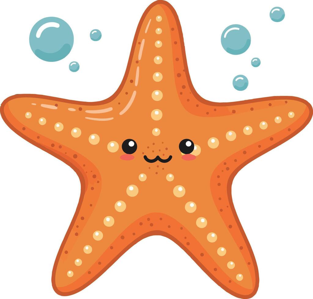 Cute orange starfish with smiling face surrounded by bubbles in a cheerful underwater scene, illustrated in a playful, flat art style vector