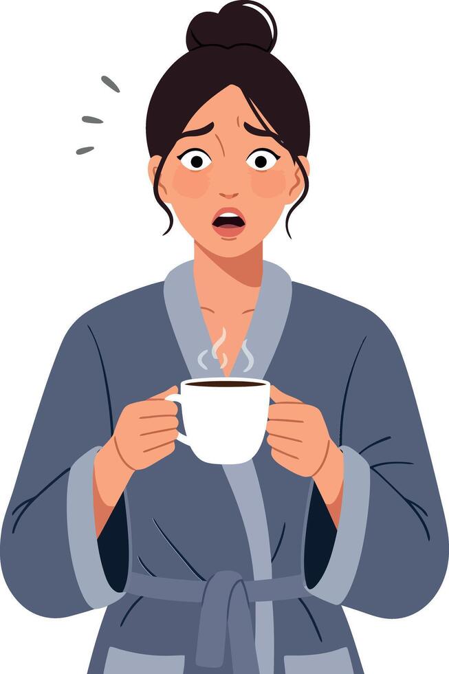 A surprised woman in a grey bathrobe holding a steaming cup of coffee in her hands, expressing shock in a minimal flat illustration vector