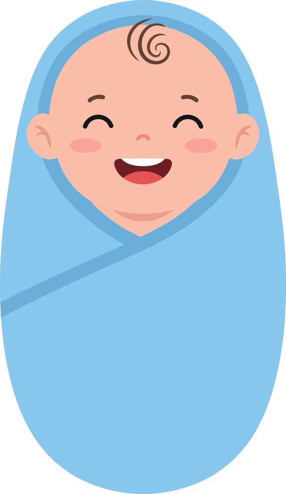 Happy baby wrapped in a soft blue blanket with a joyful expression in a minimal illustration style showcasing innocence and warmth in art vector