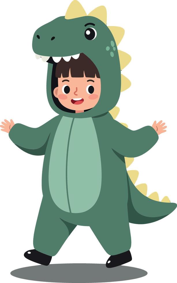 A cheerful child wearing a green dinosaur costume, showcasing a playful expression in a flat illustration, embodying fun and imagination in a vibrant scene of joy and creativity art vector