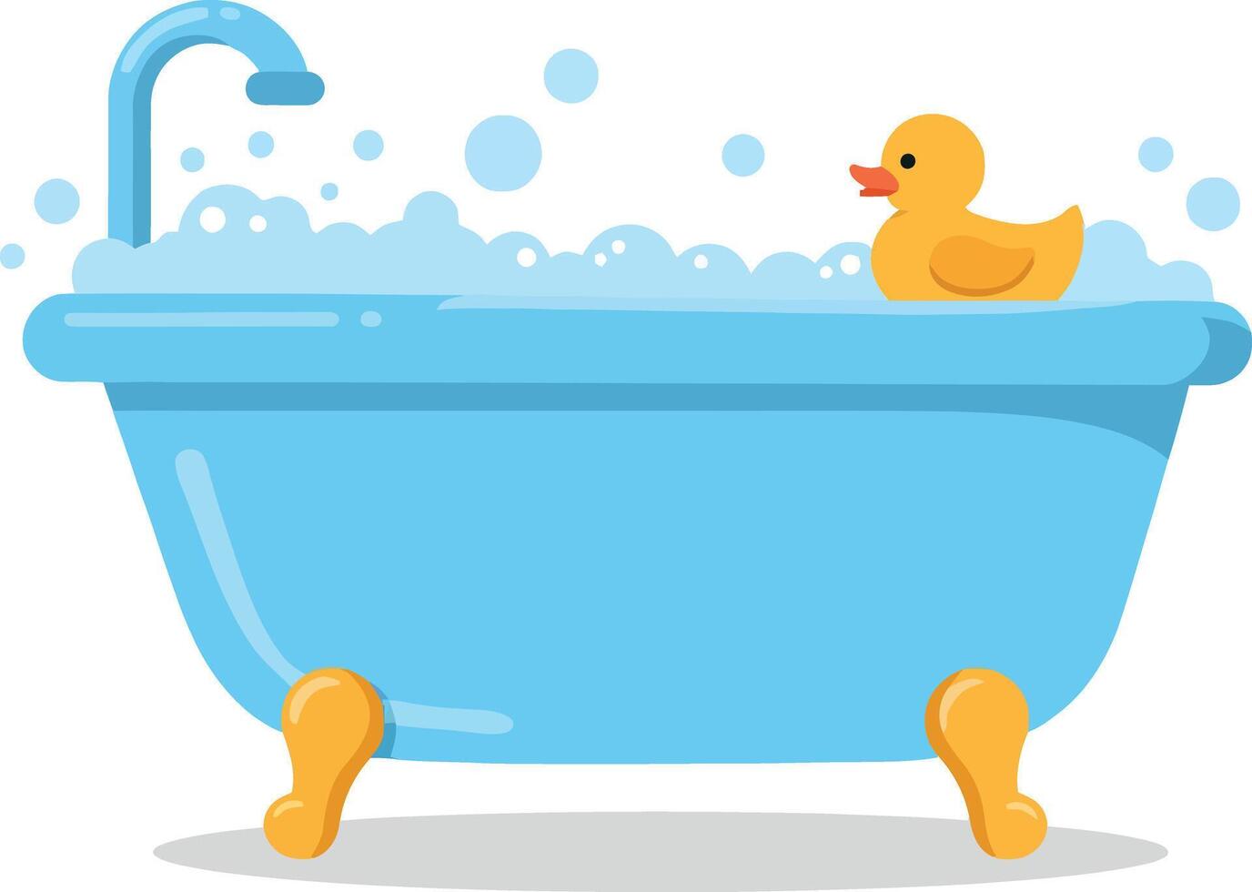 Bright blue bathtub filled with bubbles and a cheerful yellow rubber duck in a flat illustration vector