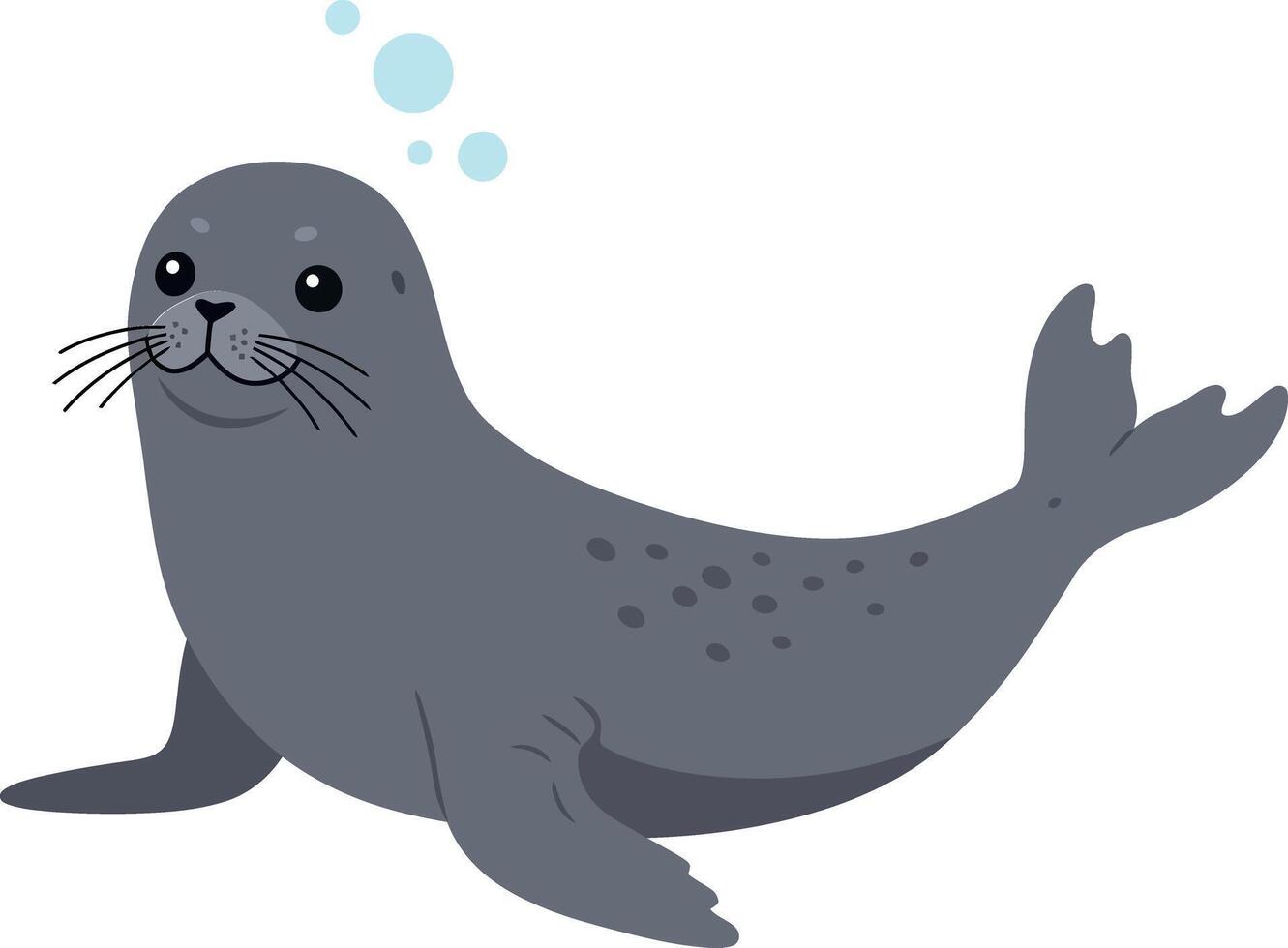 Playful grey seal swimming happily in a vibrant underwater scene featuring bubbles and a cheerful atmosphere, flat illustration vector