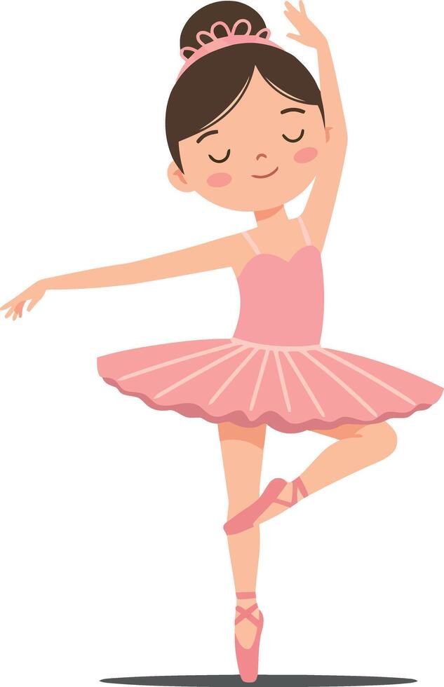 Young girl performing a graceful ballet pose in a pink tutu, showcasing flat design style, cheerful atmosphere, illustration vector