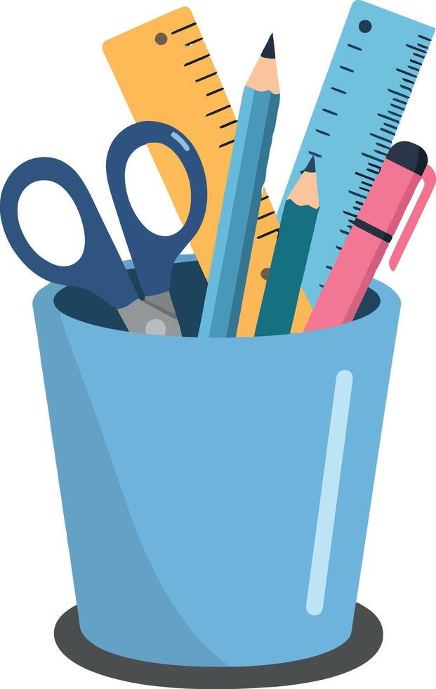 A collection of colorful stationery items in a blue pencil holder, flat design illustration showcasing creativity and organization in an office setting vector