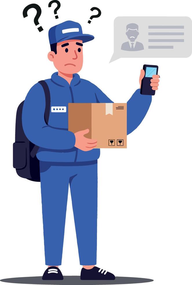 Delivery person in blue uniform looking puzzled while holding a package and smartphone, flat art illustrating confusion about a delivery status vector
