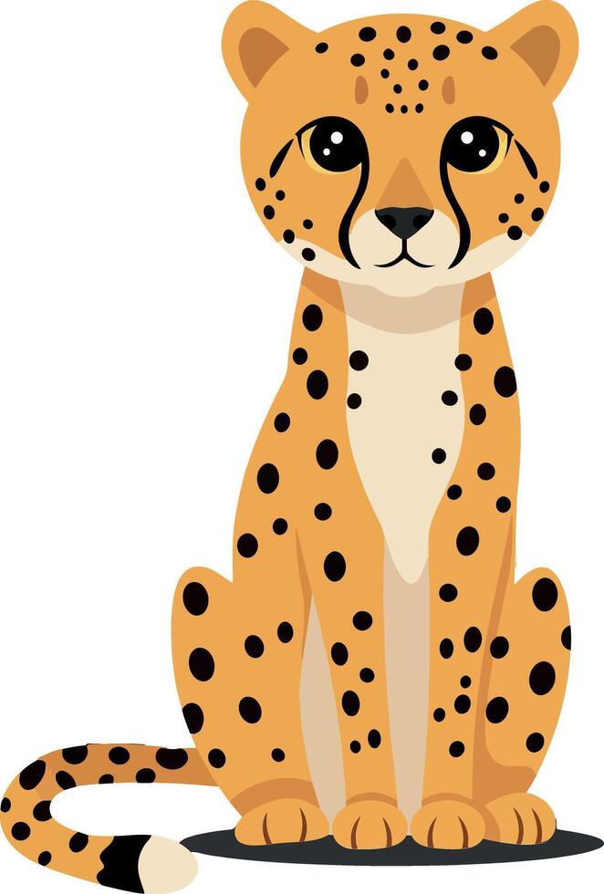 Cute and playful sitting cheetah character in minimal flat design style featuring bright colors and soft shapes, art vector