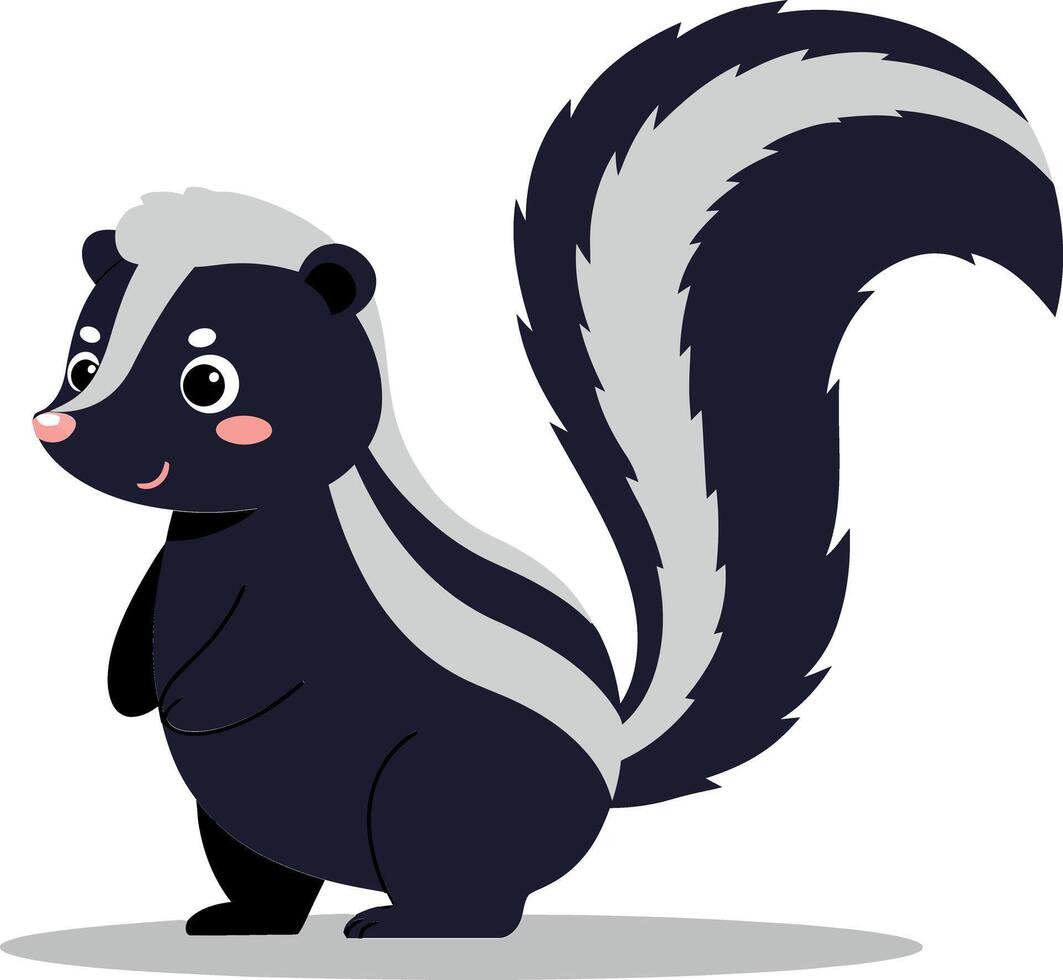 Adorable cartoon skunk character with a bushy tail in a flat design style, cheerful expression, lively pose, showcasing vibrant colors, illustration vector