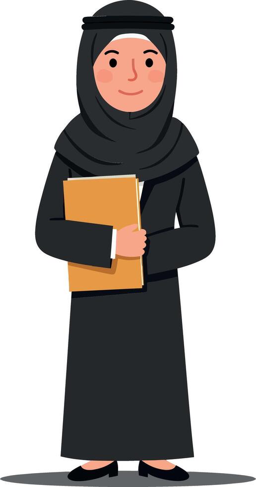 Confident woman in a black abaya holding a file folder, smiling warmly, styled in a minimal flat design illustration vector