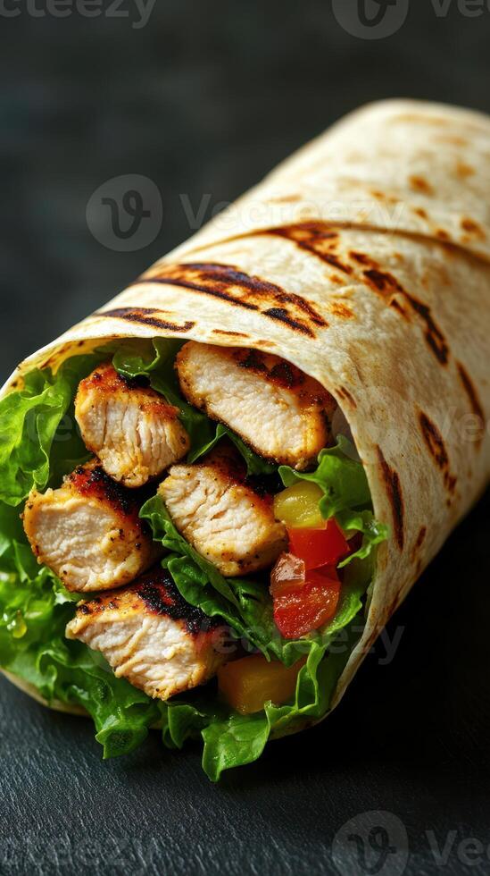 Freshly grilled chicken wrap filled with lettuce and tomatoes on a textured background photo