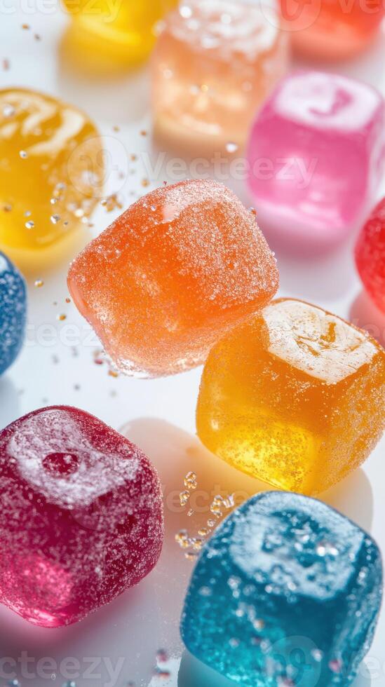 Colorful gummy candies in various shapes and flavors scattered on a white surface with sparkling sugar crystals photo
