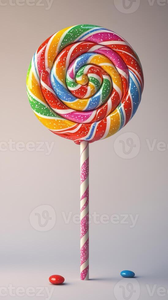 Colorful swirled lollipop with vibrant stripes and cheerful design stands tall against a plain background photo