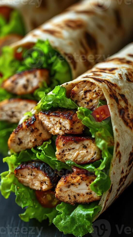 Grilled chicken wraps filled with fresh lettuce and tomatoes ready for a delicious meal photo