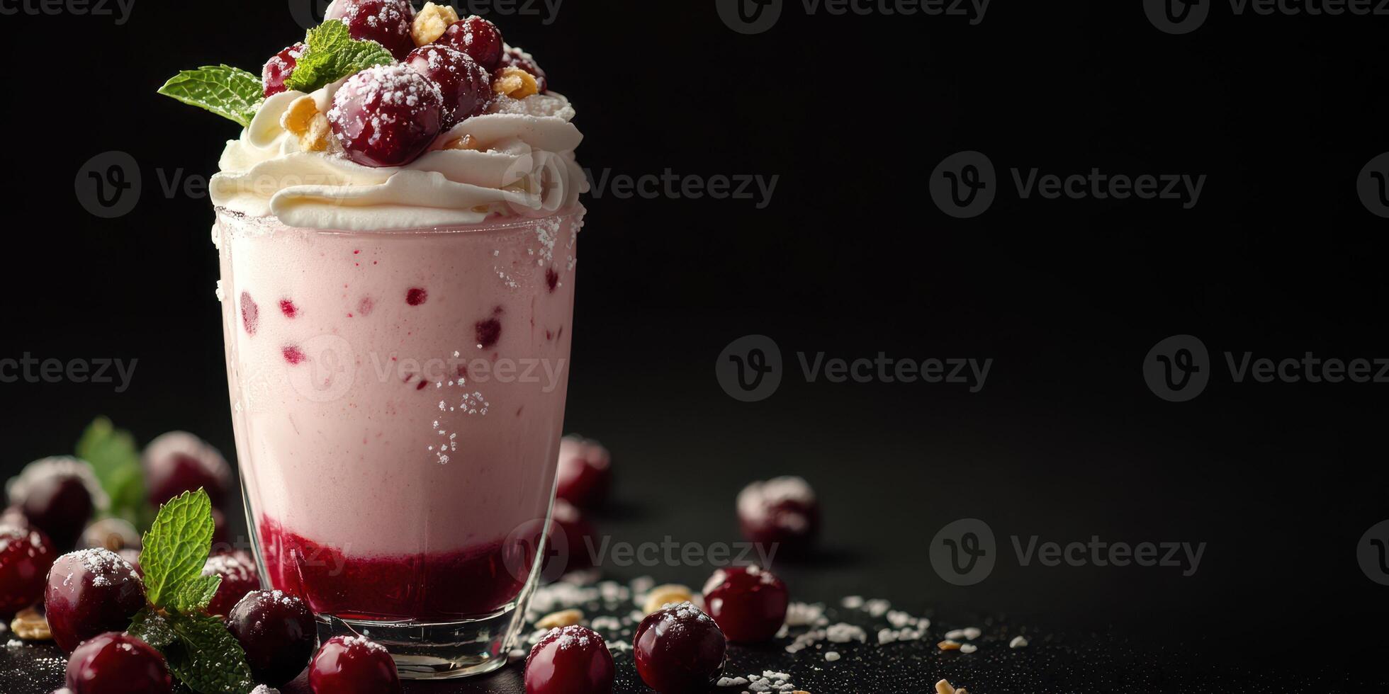 Delicious creamy dessert with fresh berries and whipped cream in a stylish glass on a dark background photo