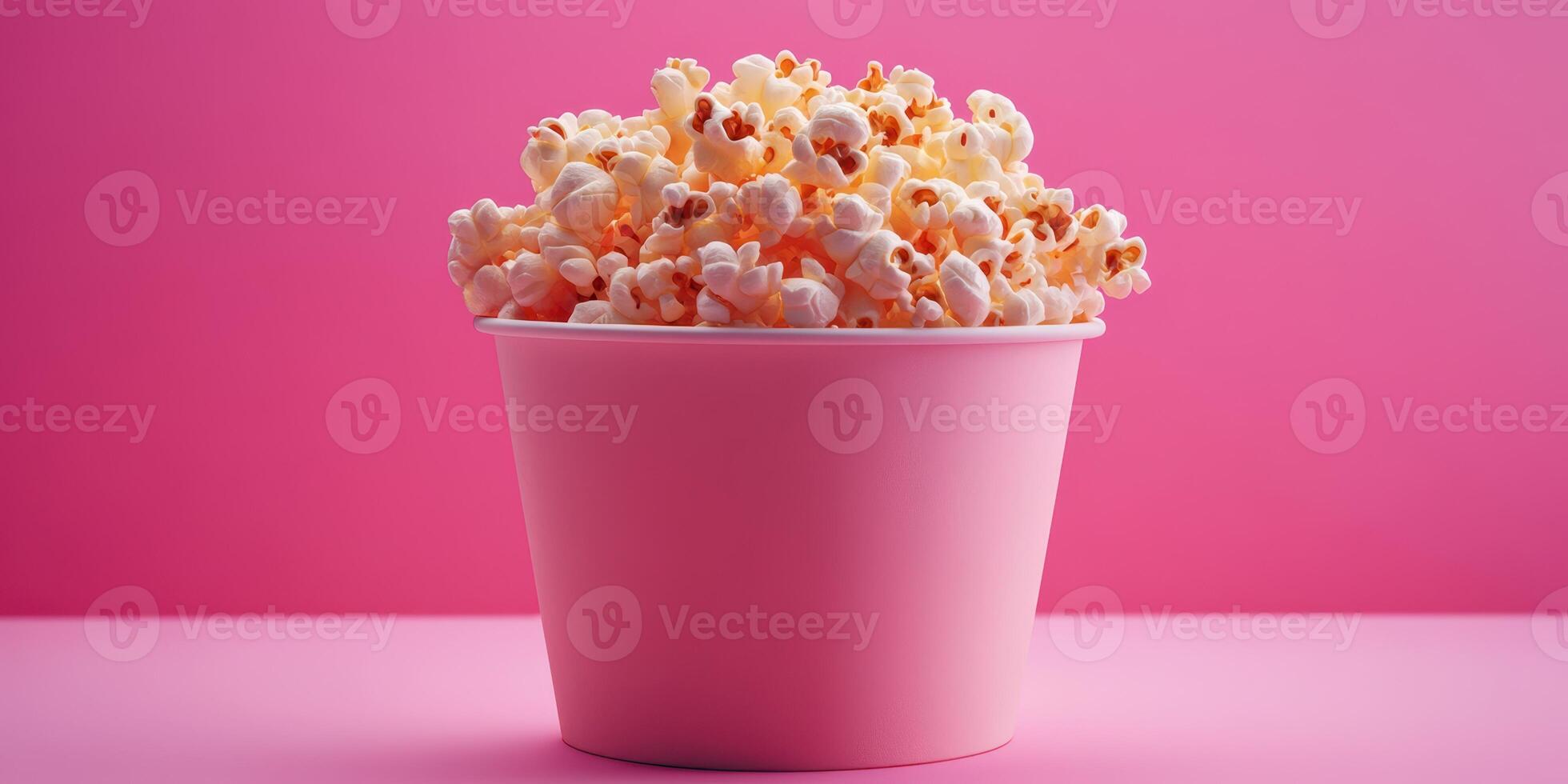 Popcorn served in a pink container against a vibrant pink backdrop for movie night photo
