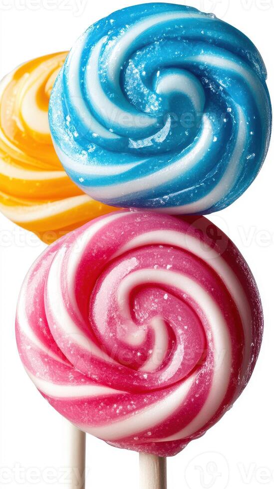 Colorful swirled lollipops arranged on sticks, showcasing vibrant and eye-catching designs and flavors photo