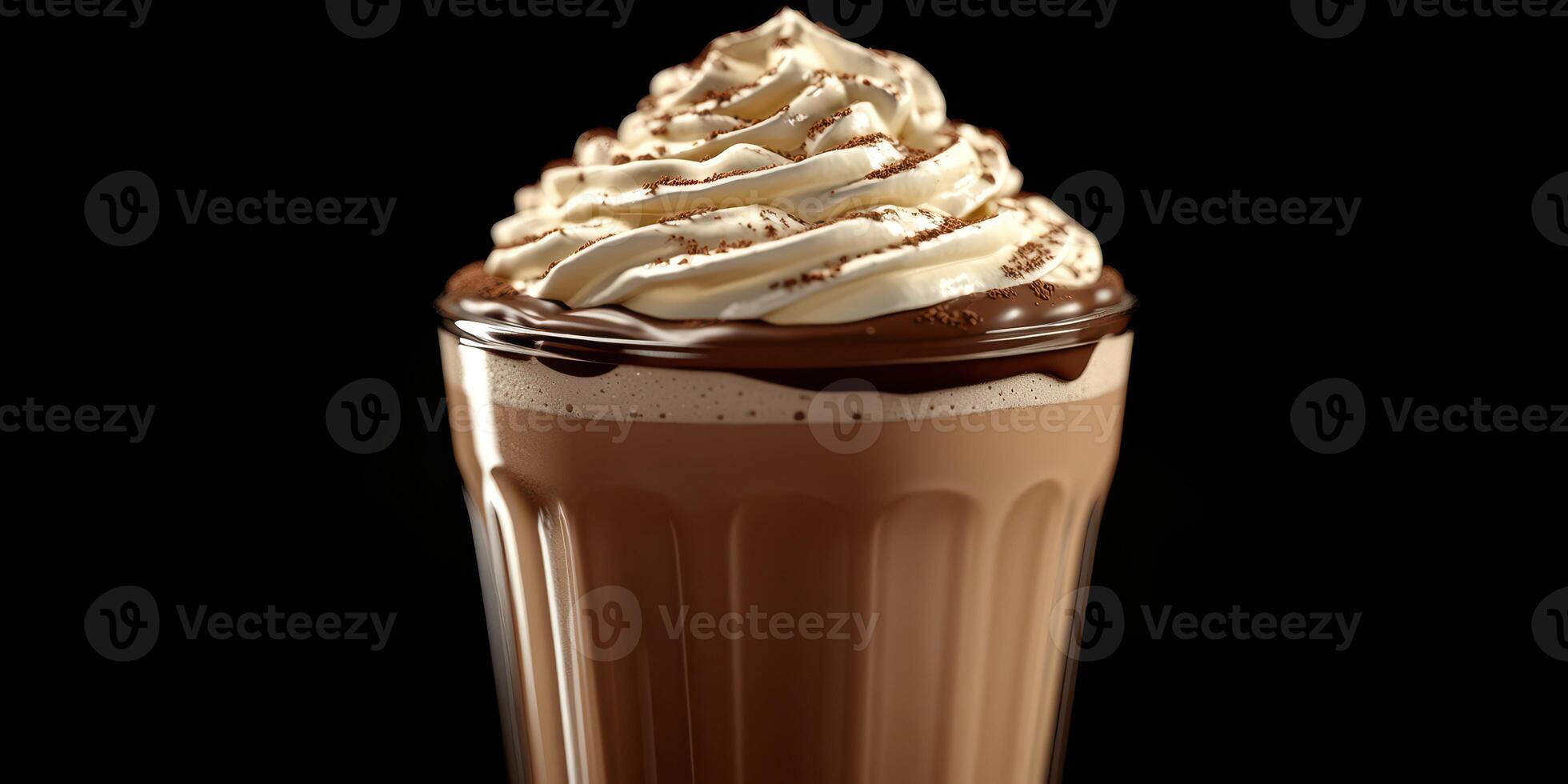 Creamy chocolate beverage topped with whipped cream and chocolate drizzle ready for enjoyment in a cup photo